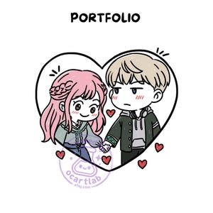 Può includere: Illustrazione digitale di una coppia che si tiene per mano all'interno di un cuore. La donna ha i capelli rosa e l'uomo biondi. La parola "PORTFOLIO" è in alto. Piccoli cuori rossi circondano la coppia.