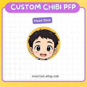 May include: A custom chibi profile picture featuring a headshot illustration of a person with black hair and large eyes, set within a yellow circle. The text "CUSTOM CHIBI PFP" is at the top, with "Head Shot" below. The Etsy shop URL is at the bottom.