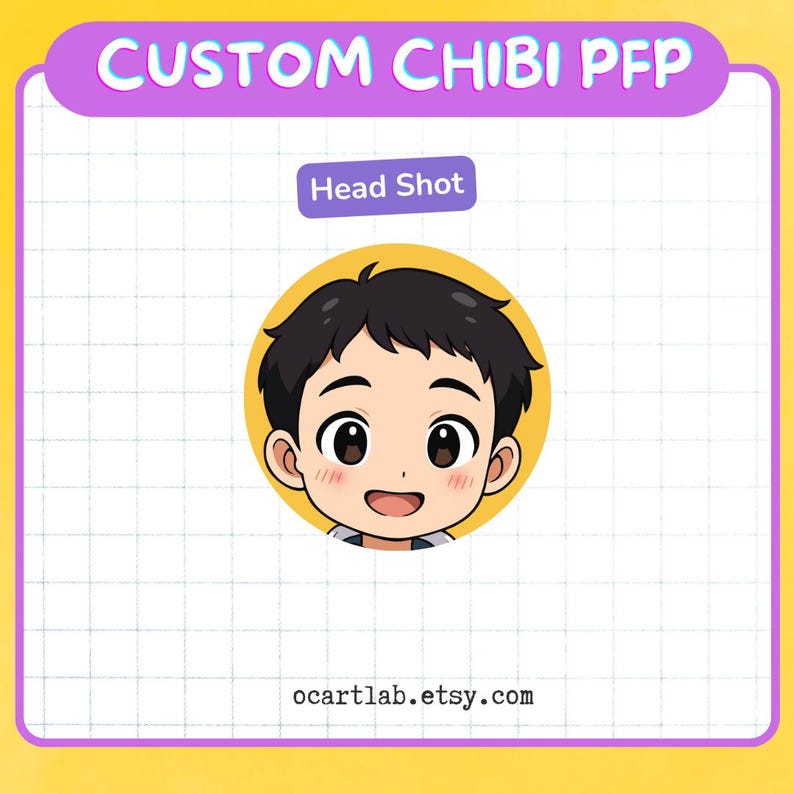May include: A custom chibi profile picture featuring a headshot illustration of a person with black hair and large eyes, set within a yellow circle. The text "CUSTOM CHIBI PFP" is at the top, with "Head Shot" below. The Etsy shop URL is at the bottom.