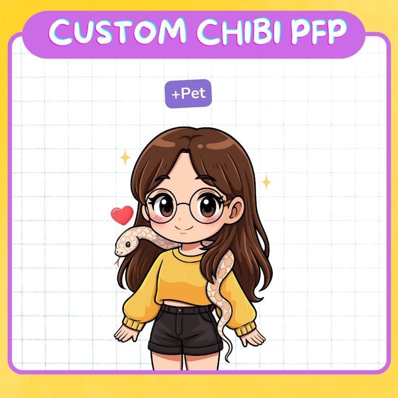 May include: A custom chibi profile picture illustration. It shows a person with brown hair, glasses, and a yellow sweater, with a snake around their neck. The image includes the text "CUSTOM CHIBI PFP" and "+Pet".