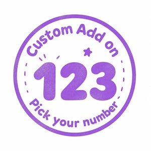 Puede incluir: Un gráfico circular de color morado con el texto Custom Add on en la parte superior y Pick your number en la inferior. El centro muestra los números grandes 123 en morado con un pequeño icono de estrella sobre el 2 y líneas discontinuas.
