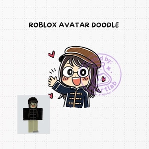 May include: A cartoon illustration of a Roblox avatar doodle. The image features a smiling character with glasses, a brown cap, and a navy blue jacket. The text "ROBLOX AVATAR DOODLE" is at the top.