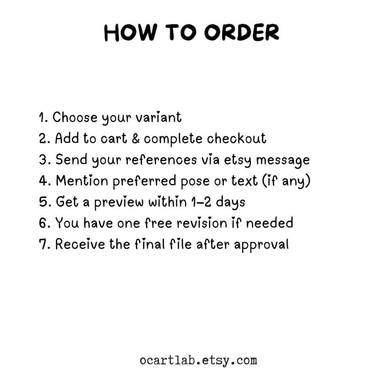 May include: White background with black text that reads "HOW TO ORDER". Below the title are seven numbered steps detailing the ordering process, including choosing a variant, sending references, and receiving a preview. The Etsy shop URL is at the bottom.