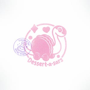 May include: A light pink graphic logo featuring a stylised turtle with a shell resembling a macaron, surrounded by a heart, a star, and a small circle. The text reads Dessert-a-sars, with a circular watermark containing a beaker and the text ocartlab.