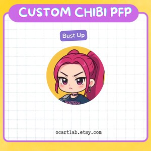 May include: A custom chibi profile picture with a bust-up design. The image shows a cartoon character with pink hair, a stern expression, and a dark blue shirt. The text "CUSTOM CHIBI PFP" is at the top, and "Bust Up" is in a smaller box.