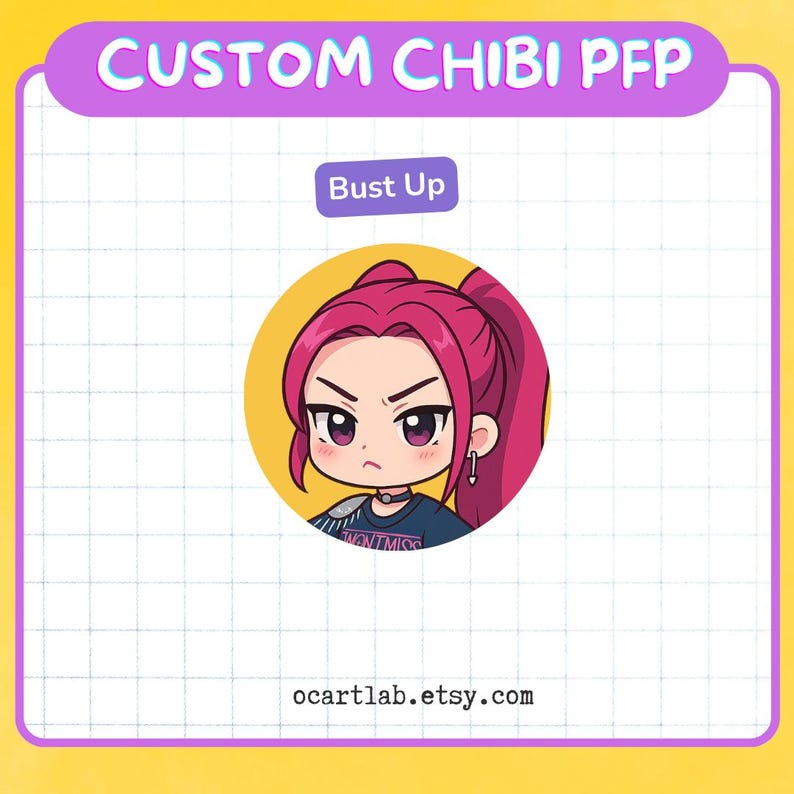 May include: A custom chibi profile picture with a bust-up design. The image shows a cartoon character with pink hair, a stern expression, and a dark blue shirt. The text "CUSTOM CHIBI PFP" is at the top, and "Bust Up" is in a smaller box.