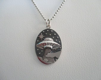 UFO in night sky sterling silver necklace- 18" sterling chain