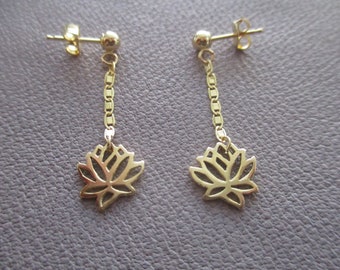 14k solid yellow gold lotus charm earrings- 3mm 14k posts