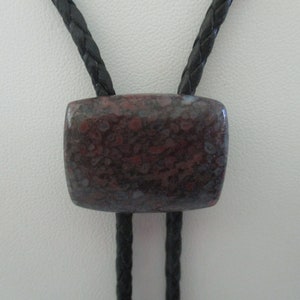 May include: A bolo tie with a dark brown, red, and white patterned stone pendant and black braided leather cords.