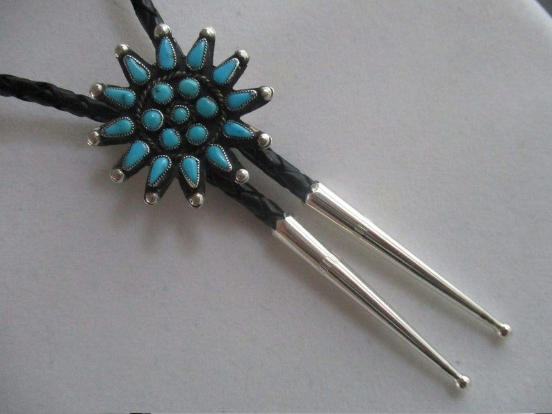 gift idea December birthstone Vintage turquoise bolo tie sterling silver tips black leather cord