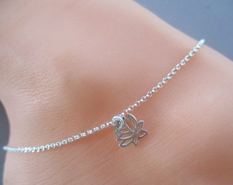 Lotus anklet- dainty sterling silver charm on sterling silver rolo chain- 10"