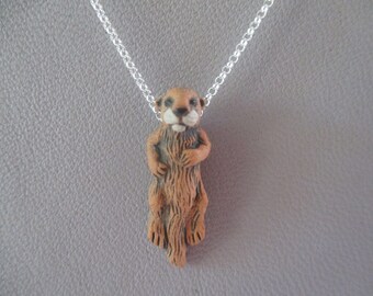 Otter necklace- 3-D brown ceramic otter- 18" sterling silver chain