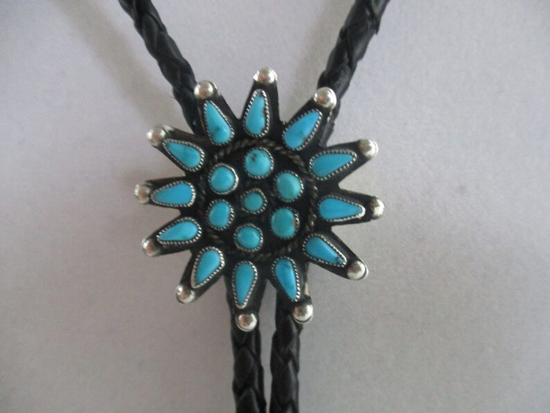 gift idea December birthstone Vintage turquoise bolo tie sterling silver tips black leather cord