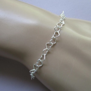 Heart chain bracelet- 4mm wide sterling silver links- adjustable up to 8 inches