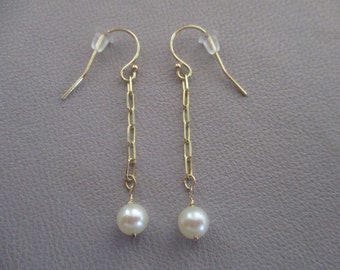 14k solid yellow gold pearl earrings- paper clip chain dangles- June birthstone