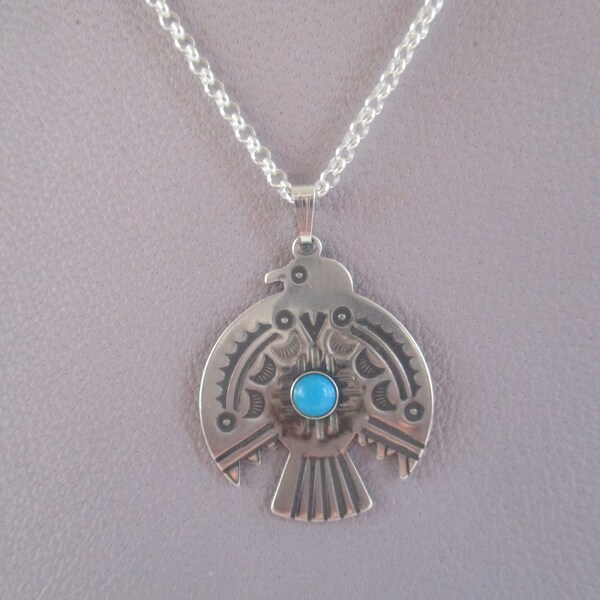 Turquoise sterling silver thunderbird necklace- sterling silver rolo chain- December birthstone