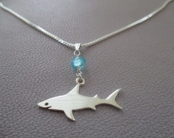 Shark necklace- sterling charm on sterling chain with ocean blue apatite bead