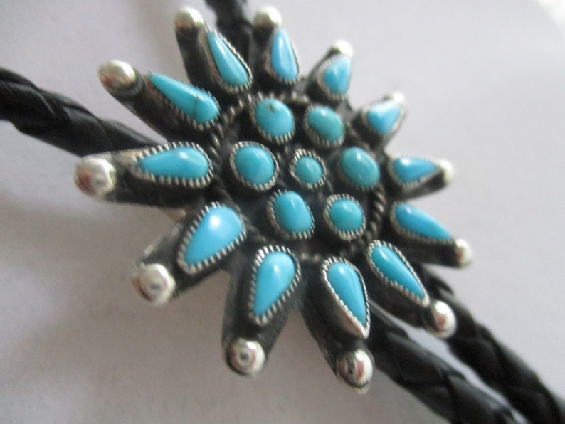 gift idea December birthstone Vintage turquoise bolo tie sterling silver tips black leather cord