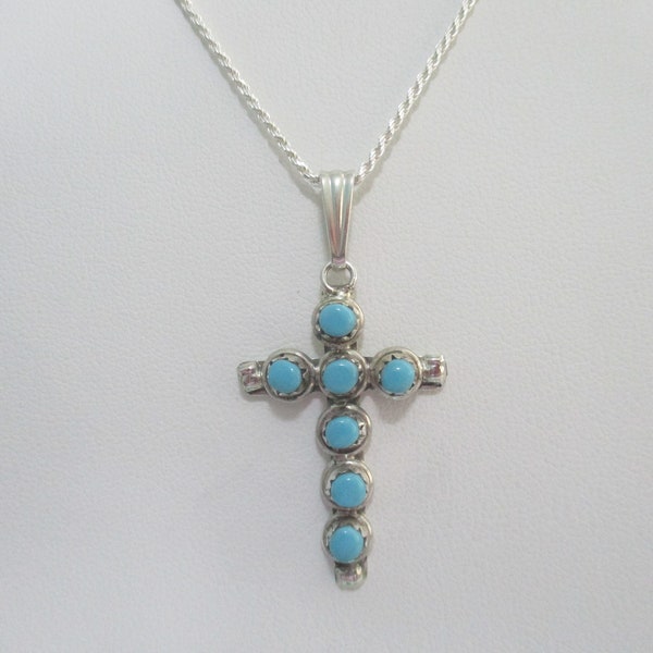 Zuni turquoise cross signed necklace- sterling silver rope chain