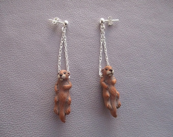 Playful otter earrings- brown ceramic on sterling silver chain and posts