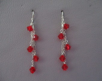 Red swarovski crystal earrings- long multi drop dangles- sterling silver ear wires