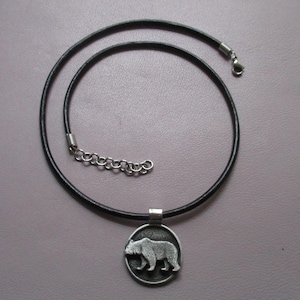Bear necklace- black leather cord- adjustable