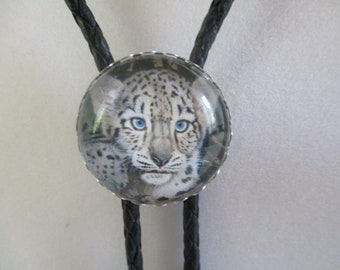 Snow leopard cub bolo tie- black cotton braided cord