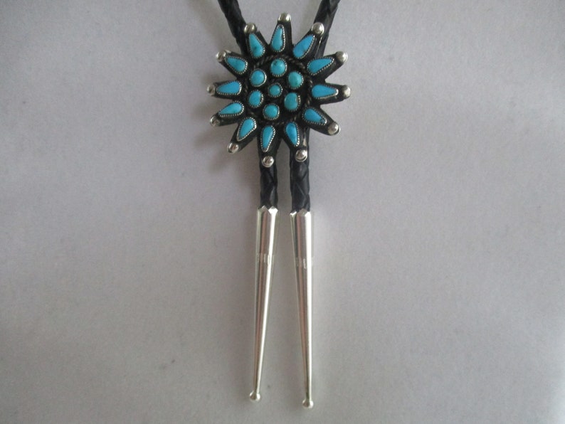 gift idea December birthstone Vintage turquoise bolo tie sterling silver tips black leather cord