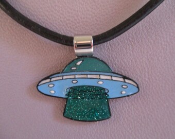 UFO necklace- colorful enamel charm- 3mm black leather cord- adjustable