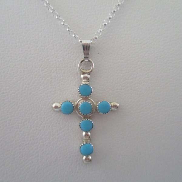 Zuni turquoise cross necklace- sterling silver chain