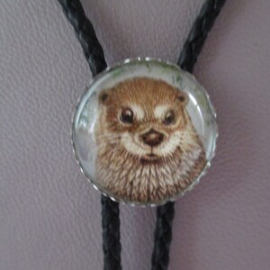 May include: A black bolo tie with a round silver-toned pendant featuring a close-up image of an otter's face.