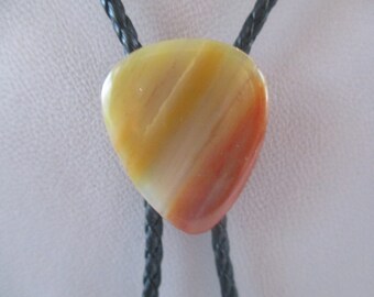 Rainbow petrified wood guitar pick bolo tie- black cotton braided cord