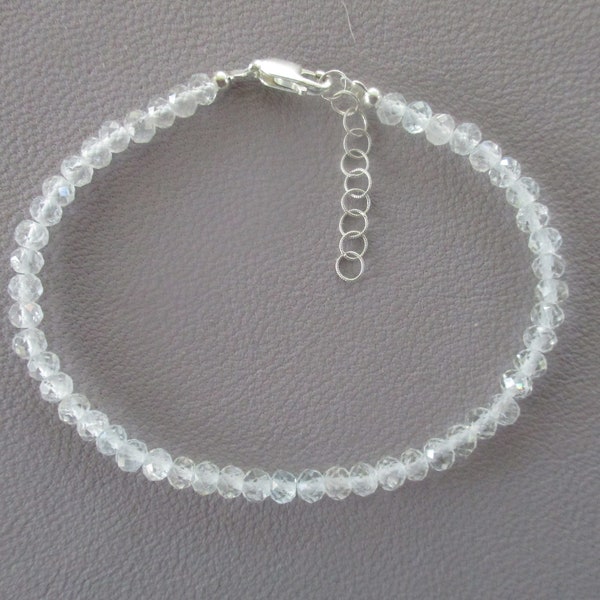 White topaz bracelet- April birthstone substitute- 4mm sparkly beads- adjustable up to 8"