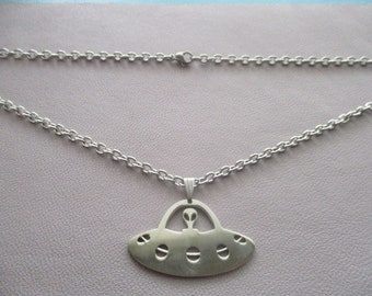 Alien in UFO necklace- stainless steel charm on 18 inch stainless steel chain