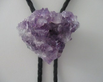 Amethyst crystal cluster bolo tie- February birthstone- black cotton braided cord