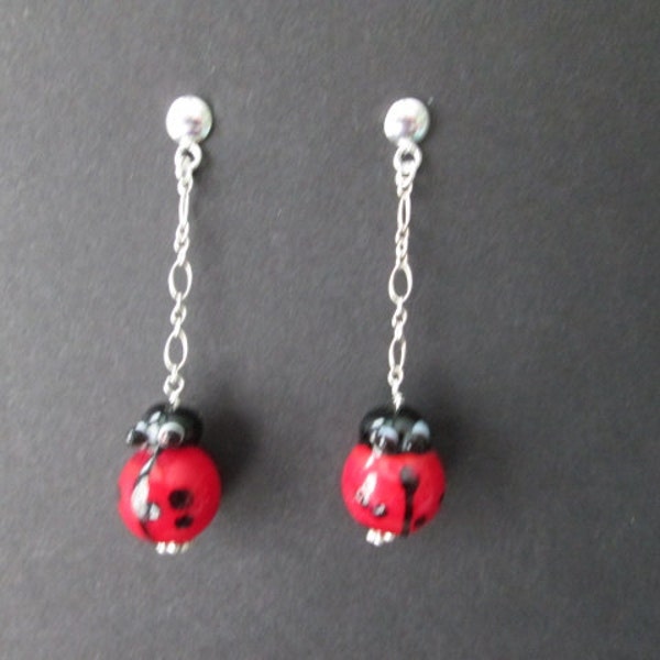 Earrings- ladybugs on sterling silver chain- posts