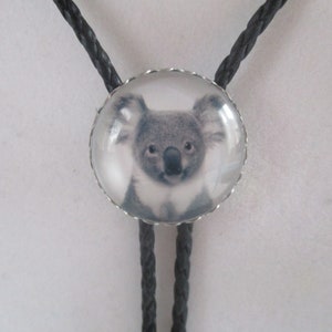 May include: A black bolo tie with a round silver-toned pendant featuring a photo of a koala bear.