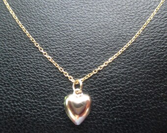 14k solid gold necklace-puffed heart charm- 18"- dainty square link diamond cut chain