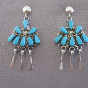 Vintage Zuni turquoise needlepoint sterling silver signed earrings
