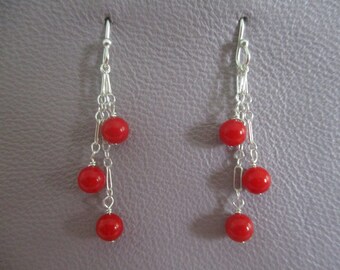 Red coral dangle earrings- sterling silver chain and ear wires