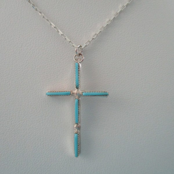 Zuni turquoise cross necklace- sterling silver chain