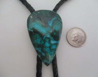 Chrysocolla malachite large bolo tie- feather tips- 40 inches long