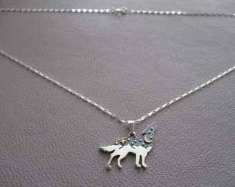 Wolf charm necklace- sterling silver charm on sterling silver elongated box chain