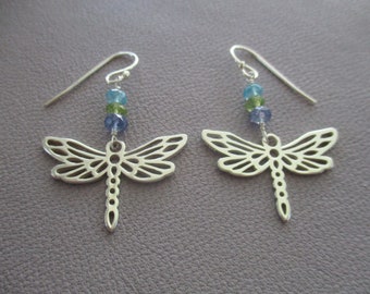 Dragonfly earrings- sterling silver charms with multi gemstones