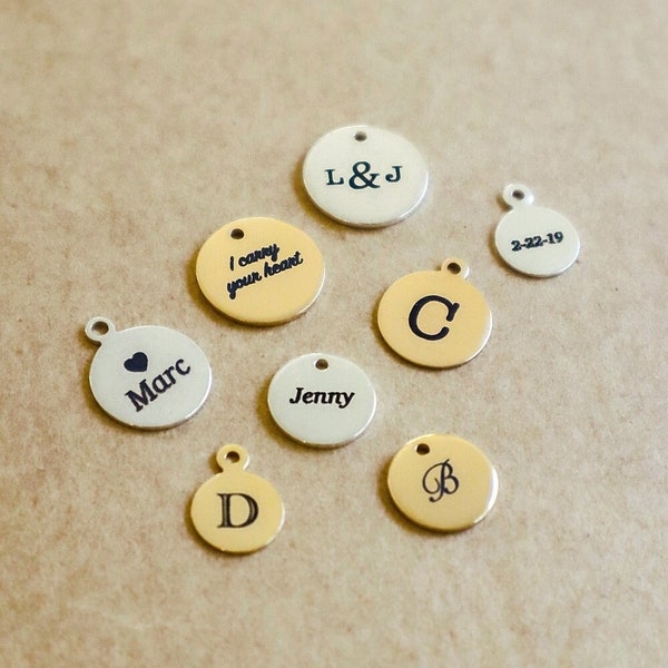 Gold Filled & Sterling Silver Engraved or Letter Stamp Disc Charms - Personalized add on initials