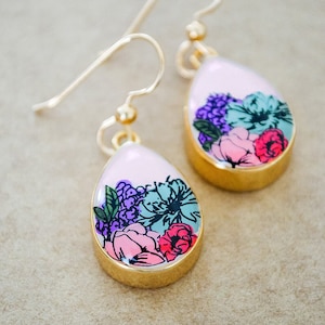 Flower Painted Drop Earrings Gold Filled Dangle Earrings image 1