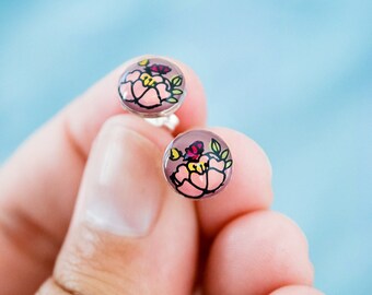 Sterling Silver Flower Earrings - Pink & Mauve Peony Bezel Studs