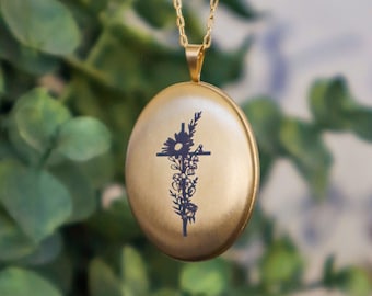 Gold Cross Necklace - Engraved Flower Photo Locket - Christian Jewelry