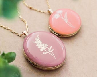 Birth Flower Necklace - Gold Filled Locket & Chain - Personalized Enamel Jewelry
