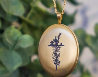 Collar de cruz de oro - Medallón con foto de flor grabada - Joyería cristiana